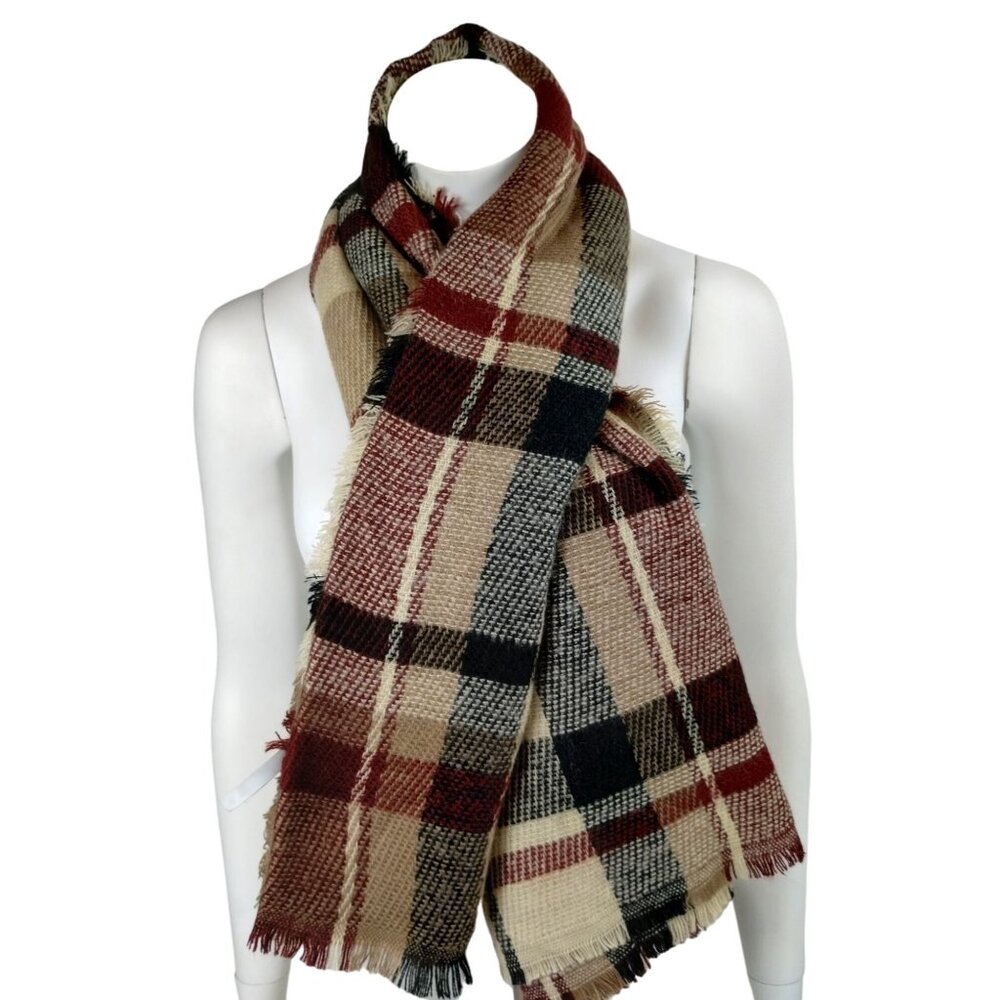 Charlotte Russe Unisex Beige Checkered Plaid Acrylic Cozy Winter Scarf Accessory